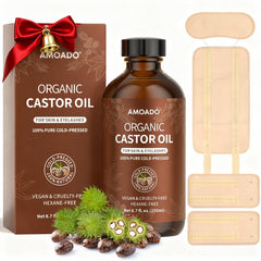 AMOADO castor oil bottle—premium cold-pressed oil for skin and hair hydration.