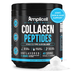 Amplicell Multi Collagen Peptides powder tub front for skin, hair and nails support.