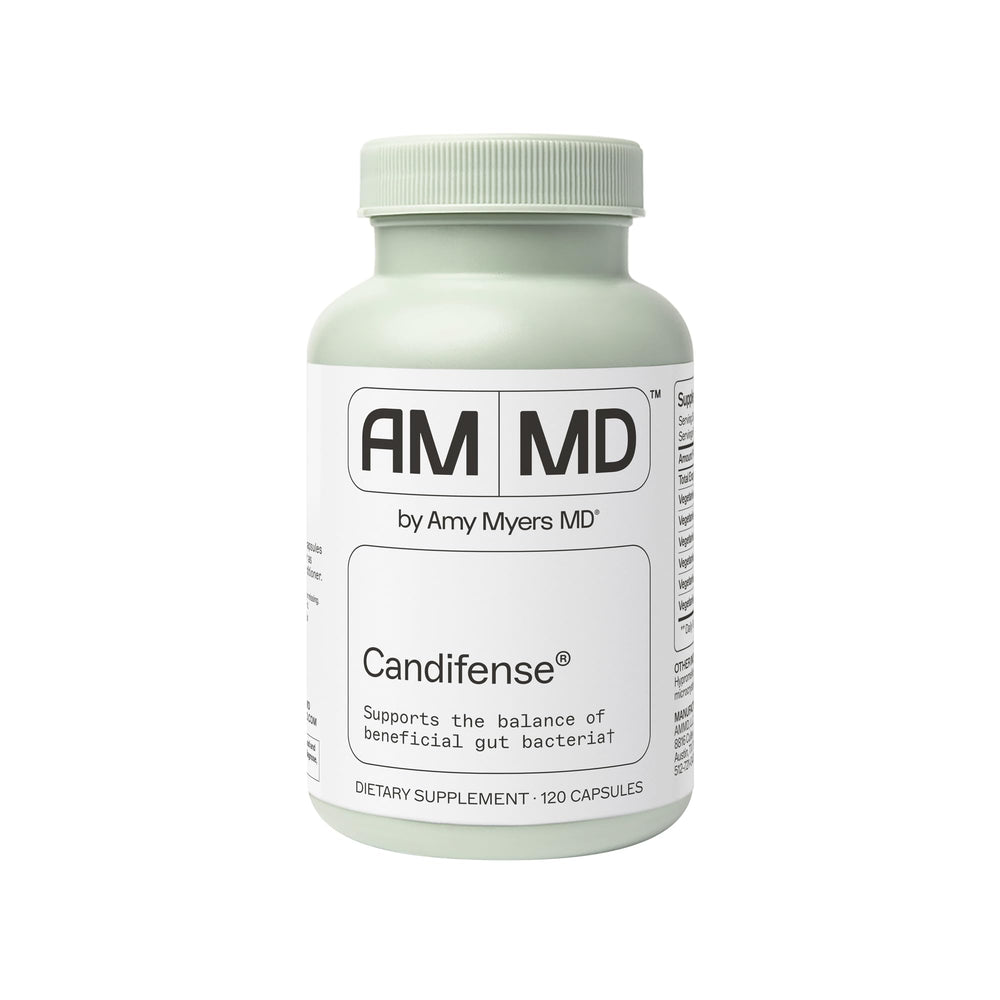Amy Myers MD Candifense bottle closeup highlighting plant-based enzymes for gut balance