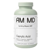 Amy Myers MD Caprylic Acid bottle on a kitchen counter supporting balanced digestion.