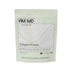 Amy Myers MD collagen protein powder bottle highlighting grass-fed collagen for skin and hair support