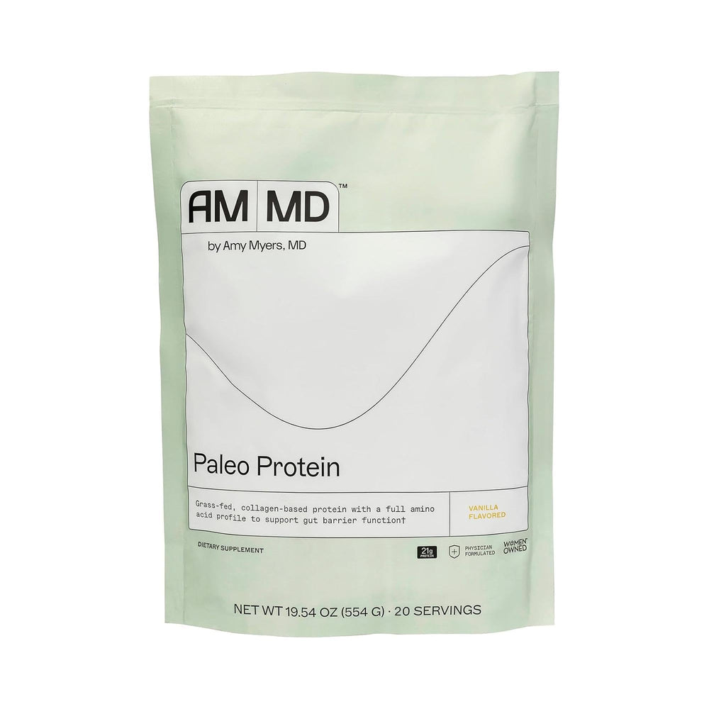 Amy Myers MD Paleo Protein Powder Vanilla Bean bottle highlights collagen blend for gut support