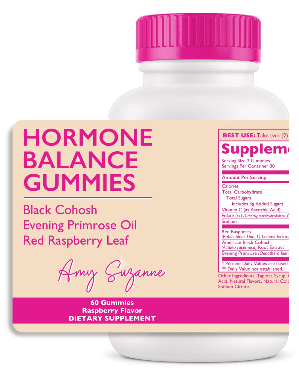 Amy Suzanne Hormone Balance Gummies bottle boosts mood and energy with natural herbs.