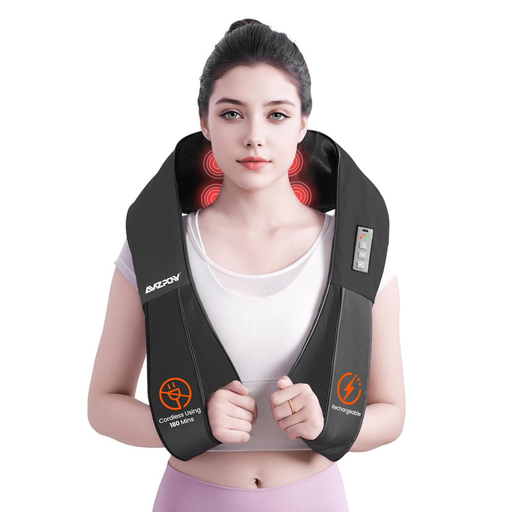 AMZPONY cordless neck massager in foldable design for portable relaxation.
