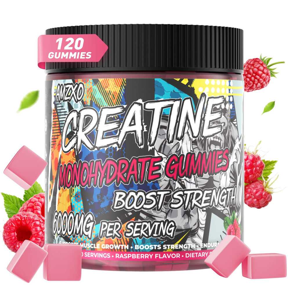 AMZXO Creatine Monohydrate Gummies bottle with raspberry flavor for daily performance support.