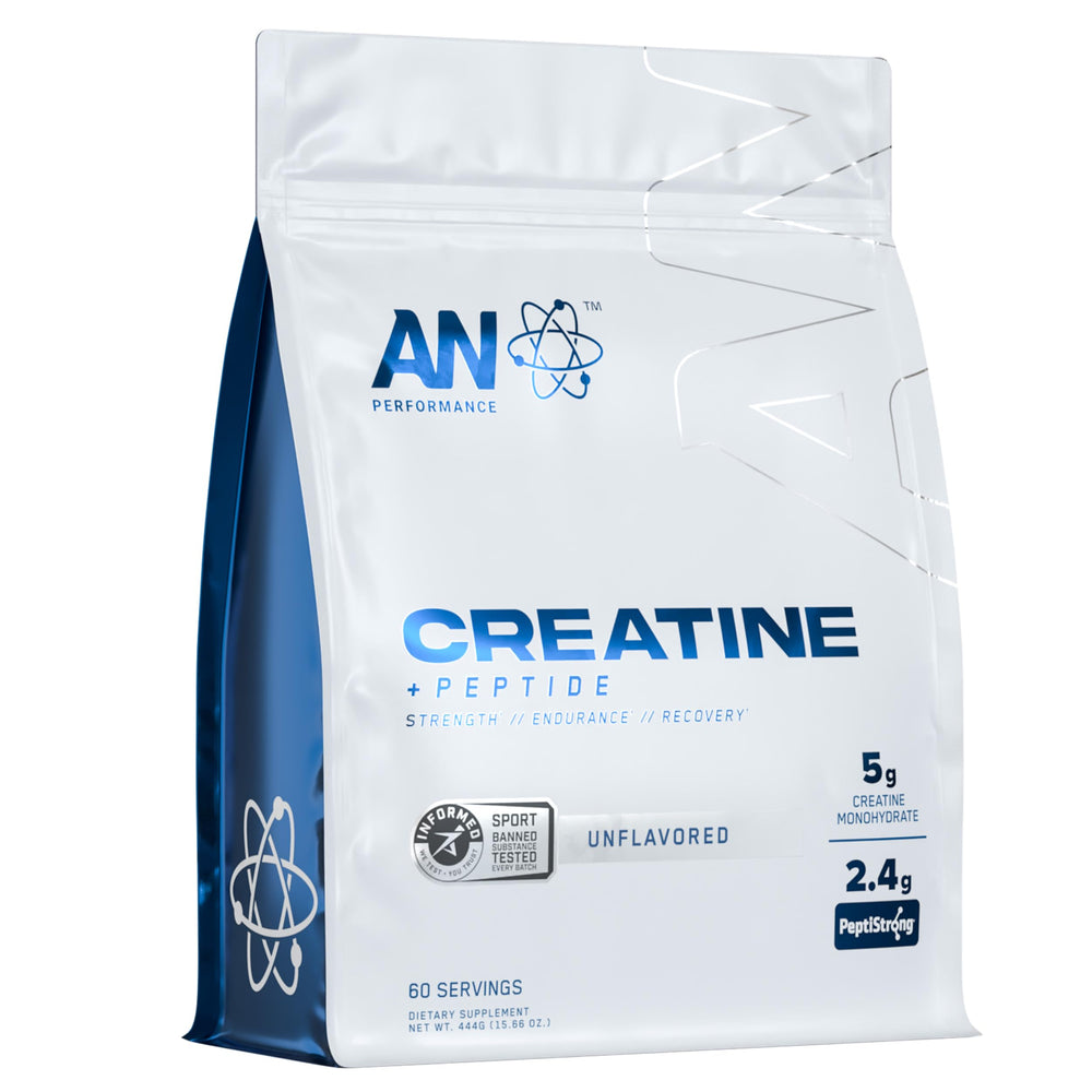 AN Performance Creatine bottle showing 5 g creatine and 2.4 g PeptiStrong for power support.