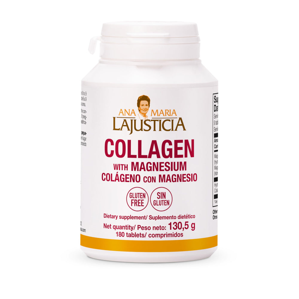Ana Maria Lajusticia collagen magnesium bottle label, gluten-free and easy-to-use.