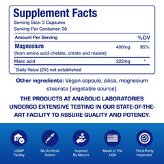 Capsules close-up showing glycinate, malate, citrate for improved absorption.