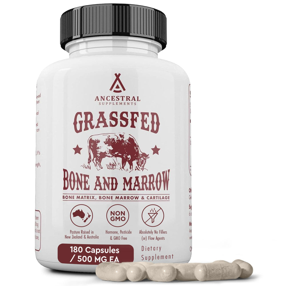 Ancestral Supplements grass-fed beef bone marrow capsules for whole-body nutrition.