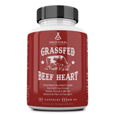 Ancestral Supplements grass-fed beef heart capsules on counter, highlighting heart-focused nutrition.