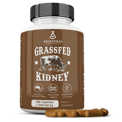 Ancestral Supplements grass-fed beef kidney capsules on bottle, supporting urinary wellness