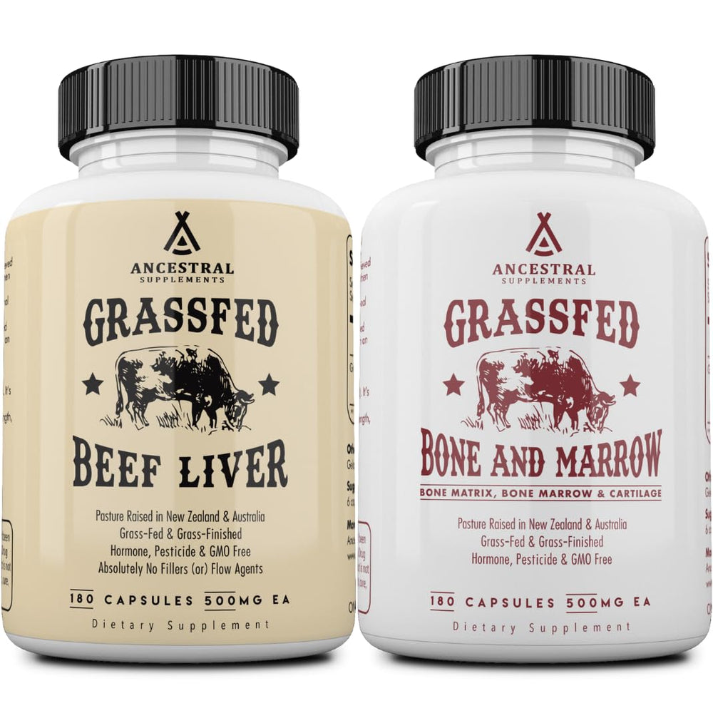 Ancestral Supplements grass-fed beef liver and bone marrow capsules support energy and immune health.