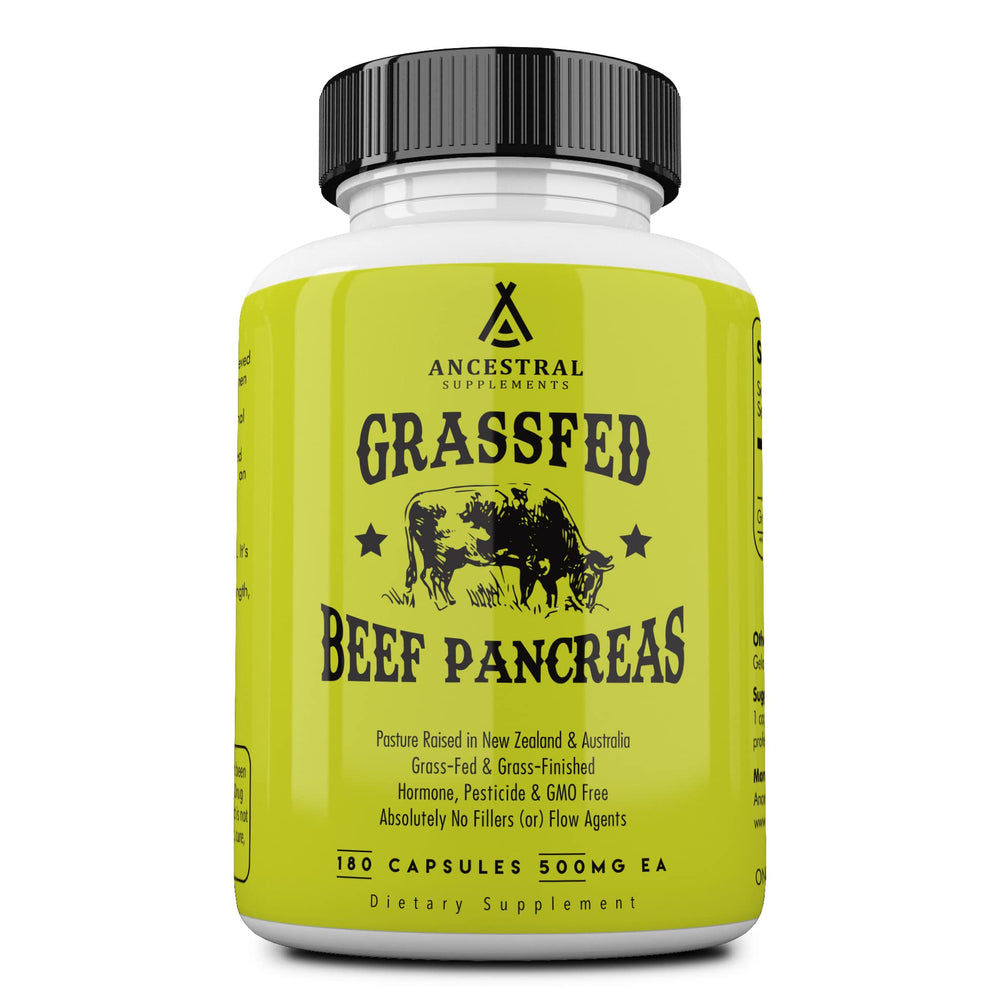 Ancestral Supplements Grass-Fed Beef Pancreas bottle showing enzyme-rich organ support