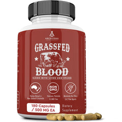 Ancestral Supplements Grass Fed Blood is Blood bottle front view suggesting immune and heart support