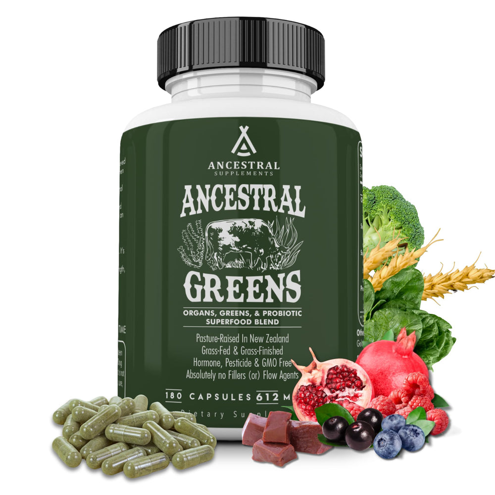 Ancestral Supplements Greens Powder Capsules for convenient daily greens and wellness.