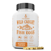 Ancestral Supplements wild caught fish eggs bottle pouring with omega-3 benefits for brain and heart.