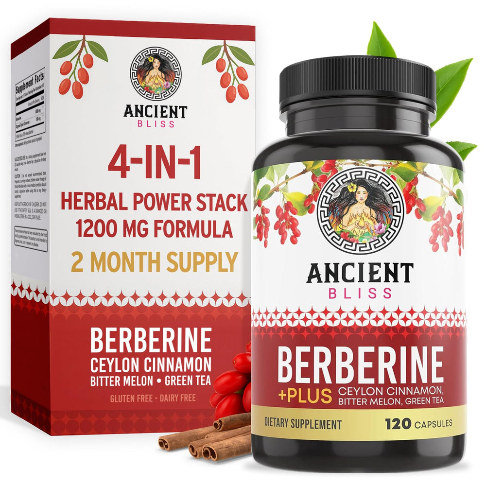 Ancient Bliss berberine HCL bottle close-up, highlighting wellness support and daily supplement routine.
