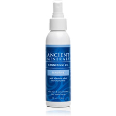 Ancient Minerals magnesium oil spray sensitive bottle for gentle, fragrance-free application.