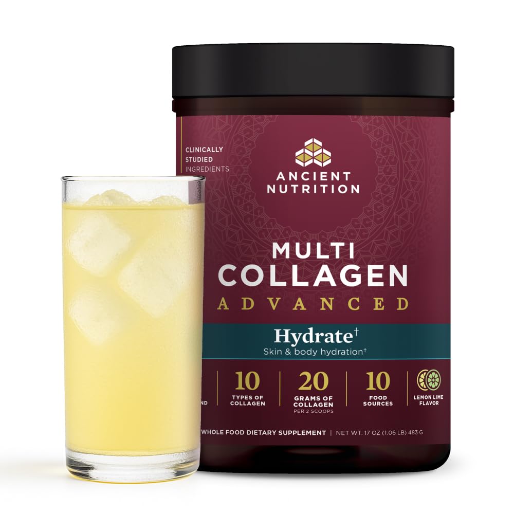 Ancient Nutrition Advanced Multi Collagen Hydrate lemon-lime bottle closeup for daily hydration.