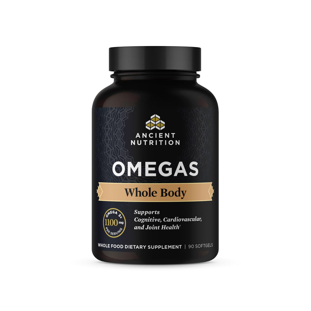 Ancient Nutrition Ancient Omegas Whole Body bottle showing triple-strength omega blend for daily wellness.