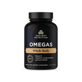 Ancient Nutrition Ancient Omegas Whole Body bottle showing triple-strength omega blend for daily wellness.