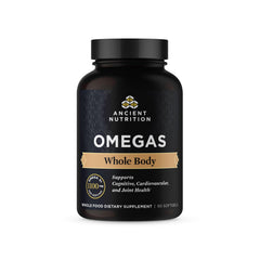 Ancient Nutrition Ancient Omegas Whole Body bottle showing triple-strength omega blend for daily wellness.