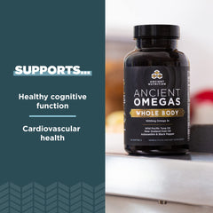 Ancient Nutrition Ancient Omegas Whole Body oil drop highlights purity from wild fish sources.