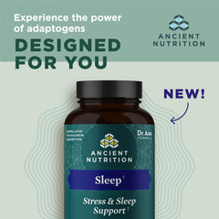 Ancient Nutrition Ashwagandha Sleep capsules closeup for easy daily calming.