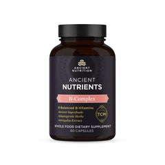 Ancient Nutrition B-Complex bottle with eight vitamins for daily energy support.
