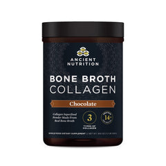 Ancient Nutrition Bone Broth Collagen Chocolate tub front highlighting multi-collagen blend for skin support