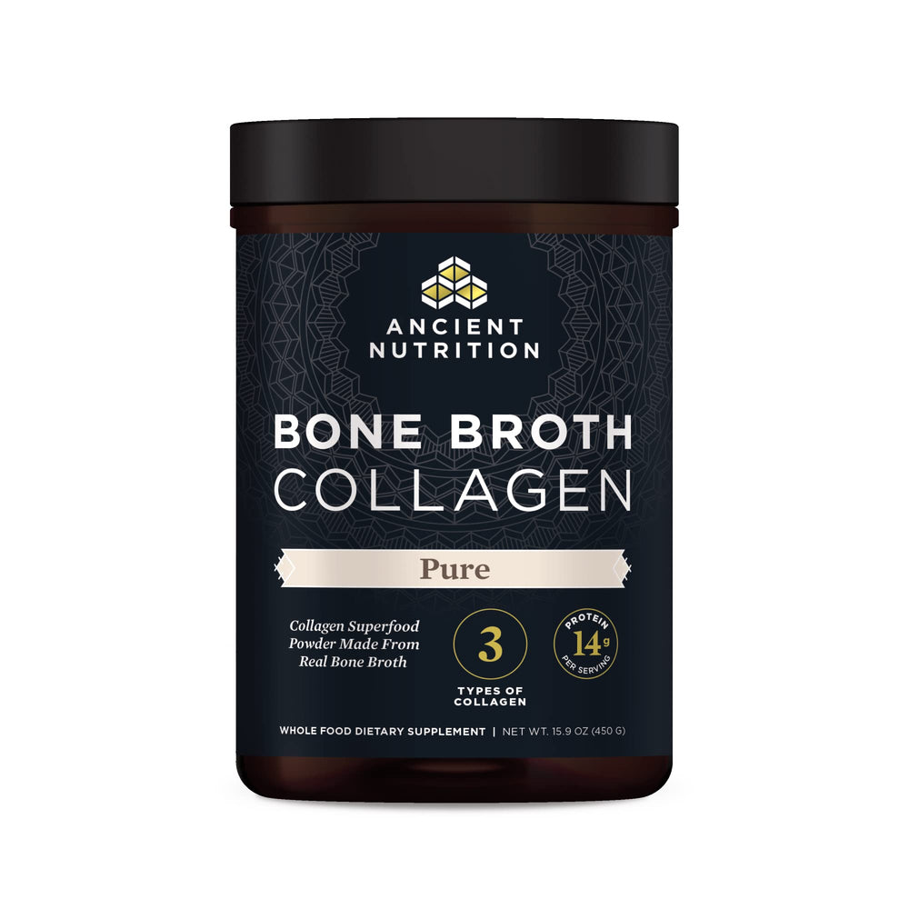 Ancient Nutrition bone broth collagen powder tub on shelf for daily protein and collagen routine.