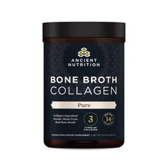 Ancient Nutrition bone broth collagen powder tub on shelf for daily protein and collagen routine.
