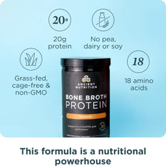 Ancient Nutrition bone broth protein label close-up highlights collagen and amino acids