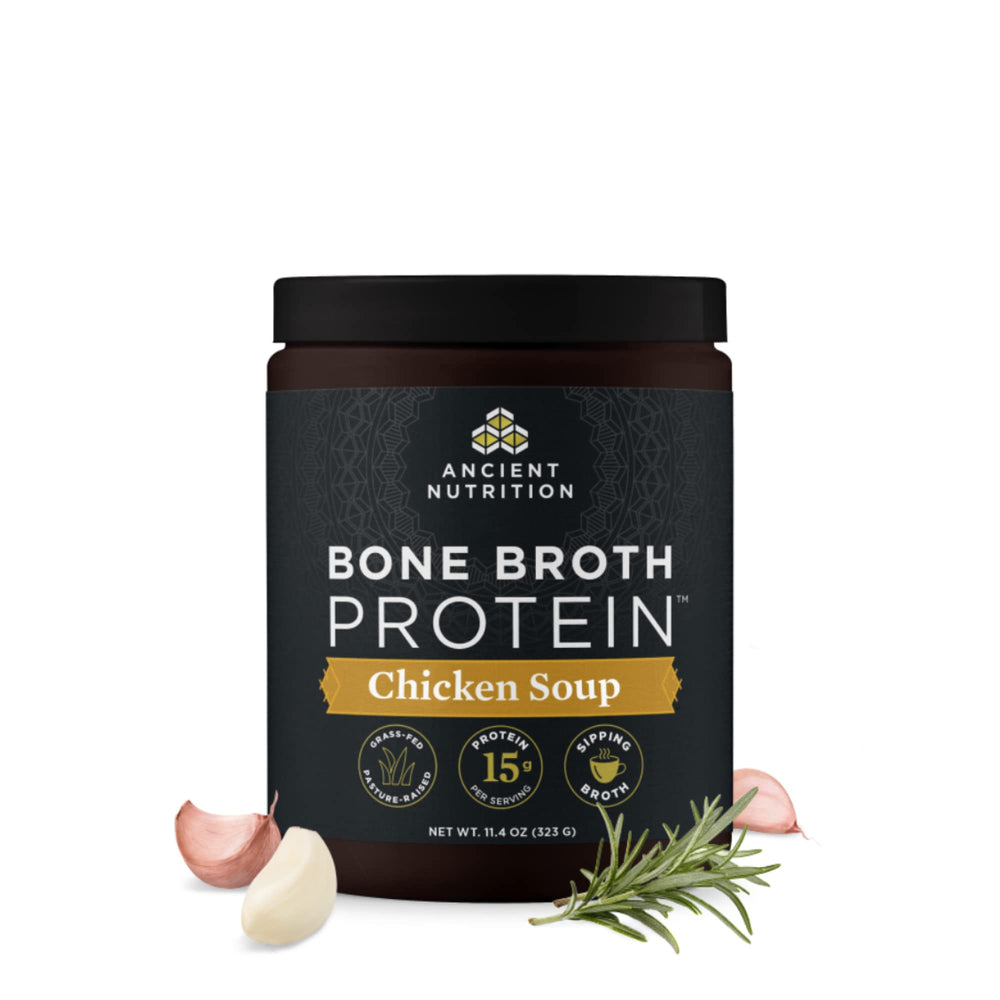 Ancient Nutrition bone broth protein powder tub showing protein-rich formula for quick nourishment