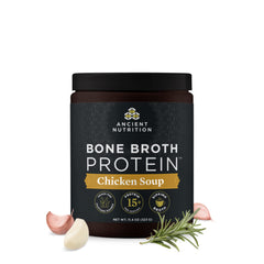 Ancient Nutrition bone broth protein powder tub showing protein-rich formula for quick nourishment