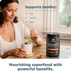 Ancient Nutrition bone broth protein pour shows quick mix for shakes or hot beverages.