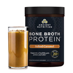 Ancient Nutrition Bone Broth Protein Salted Caramel tub demonstrates protein-packed, gut-friendly powder.