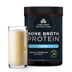 Ancient Nutrition vanilla bone broth protein bottle shows 20g protein per serving.