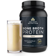 Ancient Nutrition bone broth protein powder vanilla serving in a shaker for smoothies.