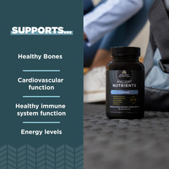 Ancient Nutrition calcium-d-k2 bottle label highlights vitamin D and K2 benefits.