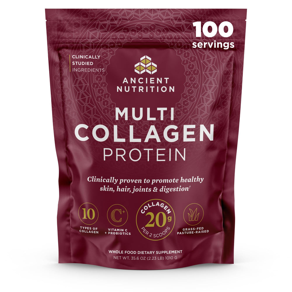 Ancient Nutrition Collagen Peptides powder tub for daily skin and joint support.