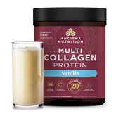 Ancient Nutrition Collagen Peptides Vanilla bottle on kitchen counter for daily beauty support.