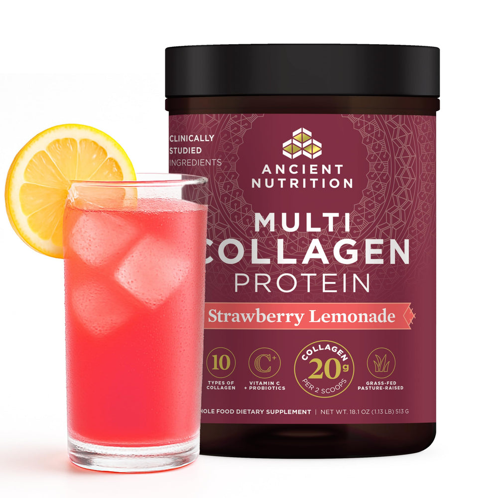 Ancient Nutrition collagen probiotics bottle with strawberry lemonade flavor supports daily skin and gut health