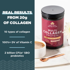 Ancient Nutrition collagen scoop in shake illustrates fast absorption and daily protein boost.