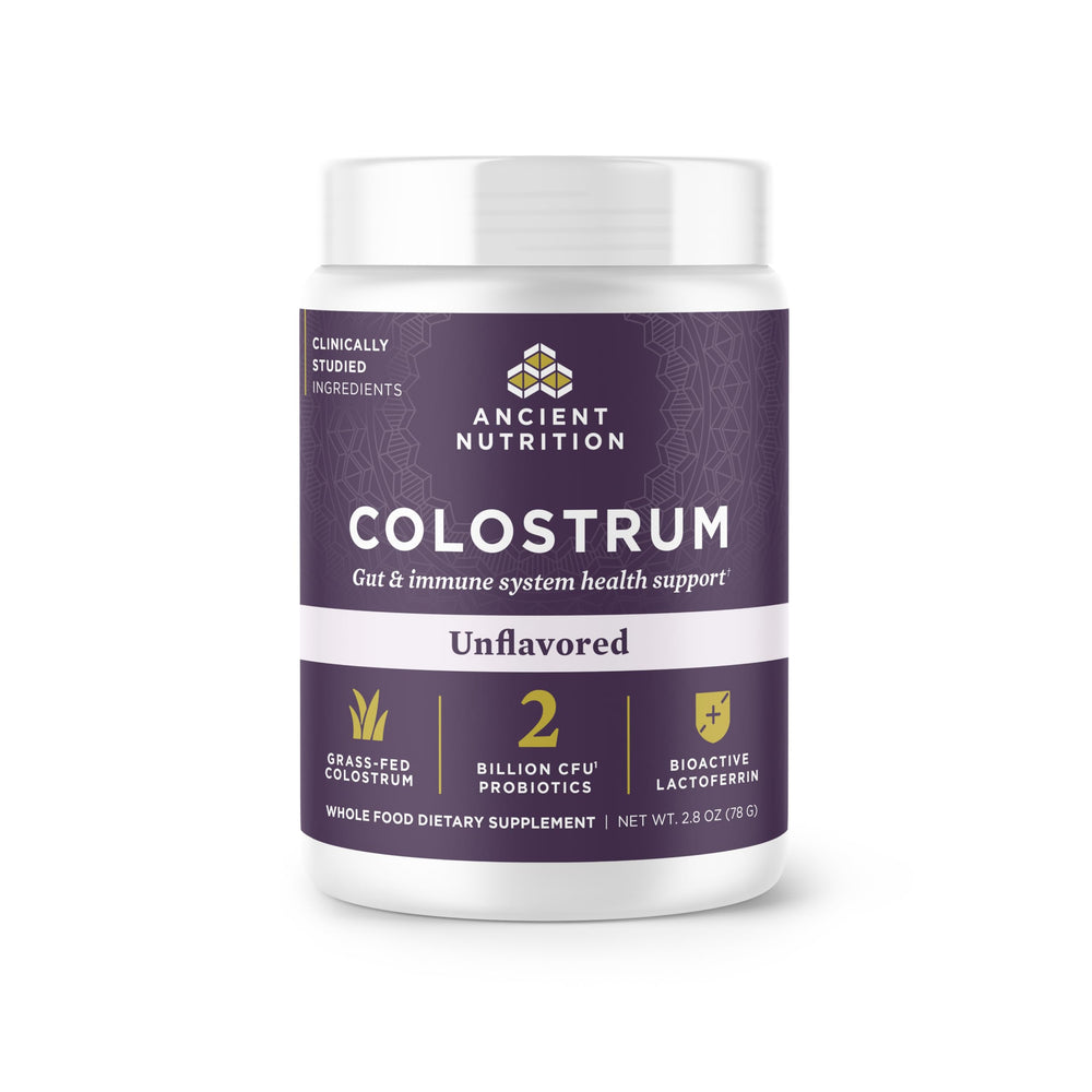 Ancient Nutrition Colostrum Superfood Powder bottle for daily gut health and immune balance.
