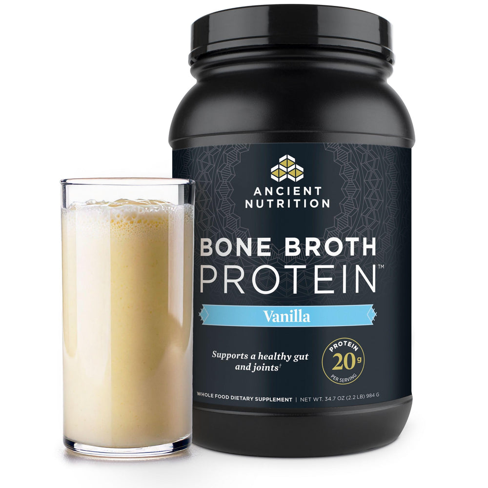 Ancient Nutrition grass-fed bone broth powder vanilla tub for smoothies