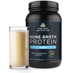Ancient Nutrition grass-fed bone broth powder vanilla tub for smoothies