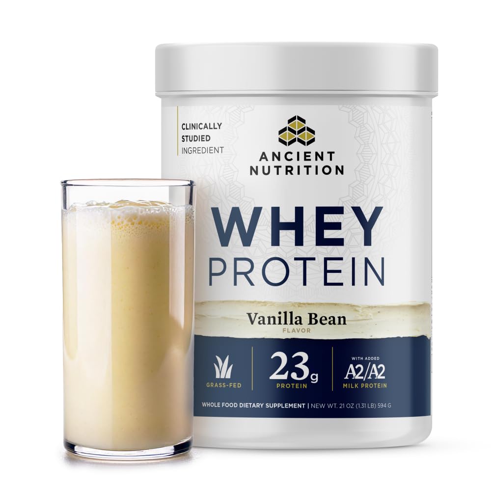 Ancient Nutrition Grass Fed Whey Vanilla Bottle shows premium protein for daily fueling