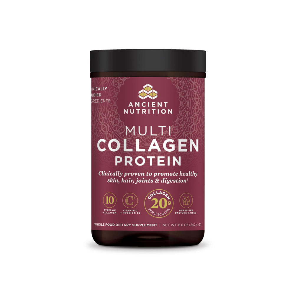 Ancient Nutrition hydrolyzed collagen peptides powder bottle unflavored for daily skin and nails.