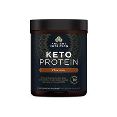 Ancient Nutrition KetoPROTEIN chocolate tub for quick shakes.